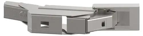 Keuco Scharnier in silberner Farbe, gefertigt aus Metall. Es zeigt eine bewegliche Struktur zur Montage, geeignet für Anwendungen, bei denen eine 110-Grad-Öffnung erforderlich ist.